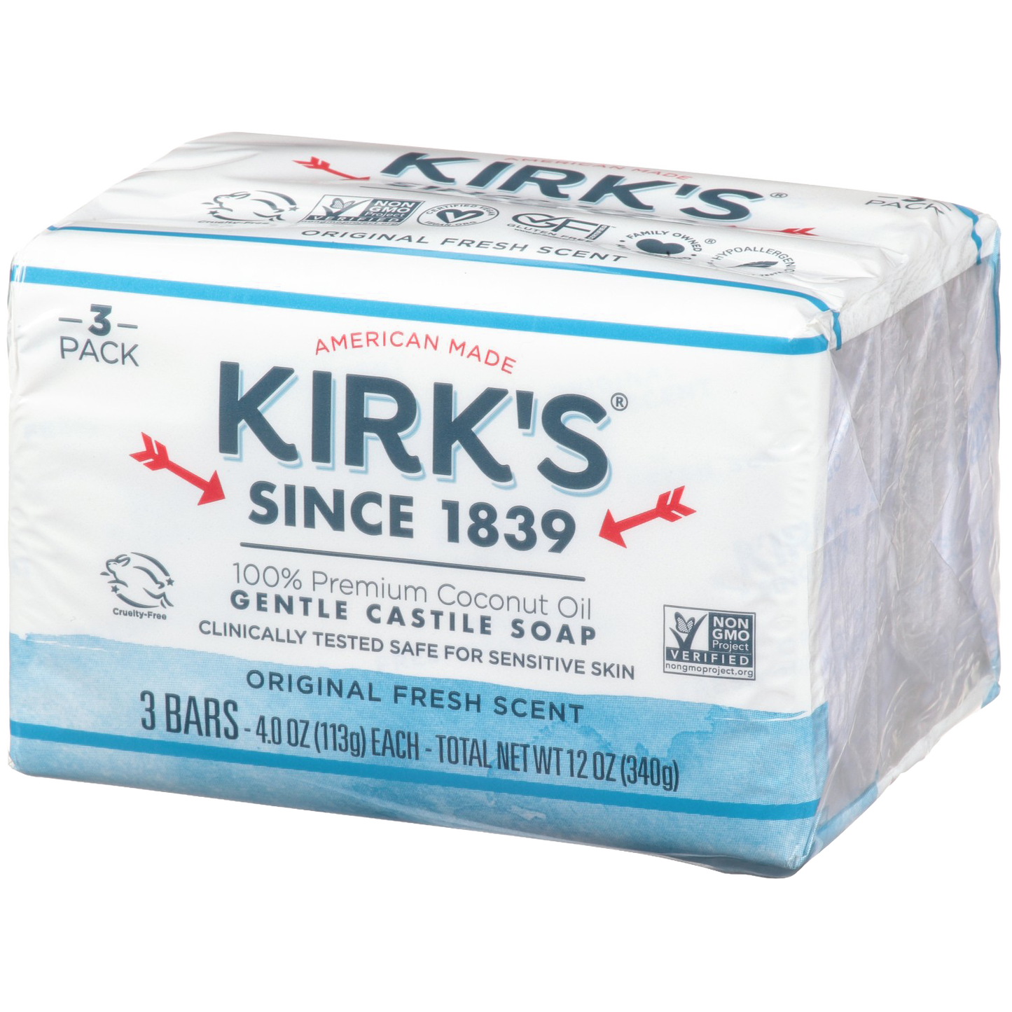 Three-pack of American made gentle castile soap bars with original fresh scent, crafted using premium coconut oil, ideal for health, grooming, and personal hygiene collections.