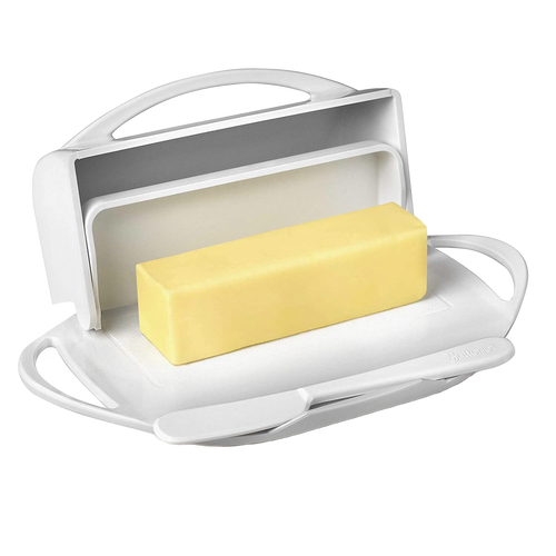 White flip-top butter dish holding a rectangular stick of butter with a matching spreader resting in a molded cradle, designed for mess-free spreading and storage in Kitchen & Food and Kitchen Gadgets collections.