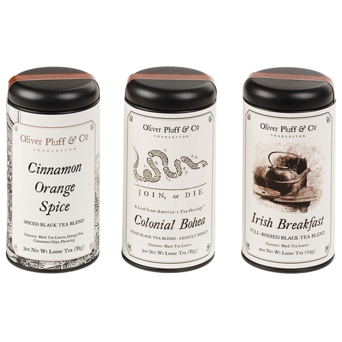 Set of three handcrafted loose leaf black teas in decorative tins featuring cinnamon orange spice, colonial bohea, and Irish breakfast blends, made in USA, perfect for Kitchen & Food, Food, Beverages, USA Made, Best Sellers, and Promo Eligible collections.