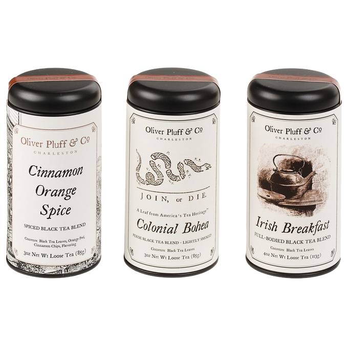 Set of three handcrafted loose leaf black teas in decorative tins featuring cinnamon orange spice, colonial bohea, and Irish breakfast blends, made in USA, perfect for Kitchen & Food, Food, Beverages, USA Made, Best Sellers, and Promo Eligible collections.