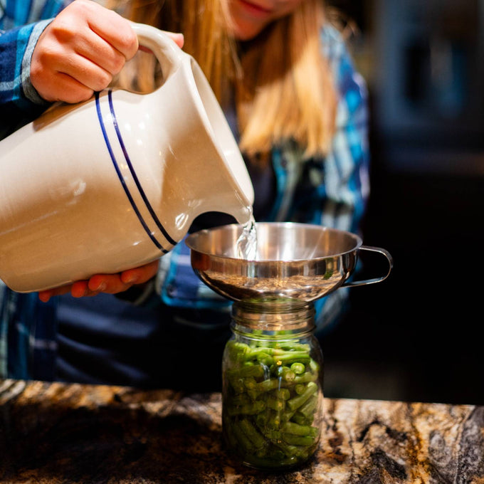 Person Using Funnel Kitchen Stainless Steel Funnel with Removable Spout | Lehman's