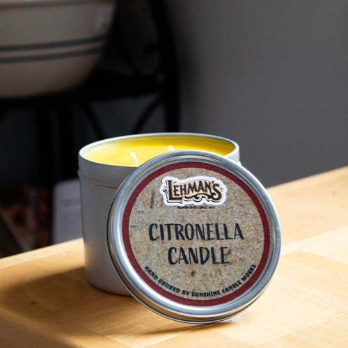 Handcrafted Lehman's citronella candle in a lightweight metal tin with bright yellow wax, ideal for outdoor use in camping, pest control, and Farm, Garden & Tool collections.