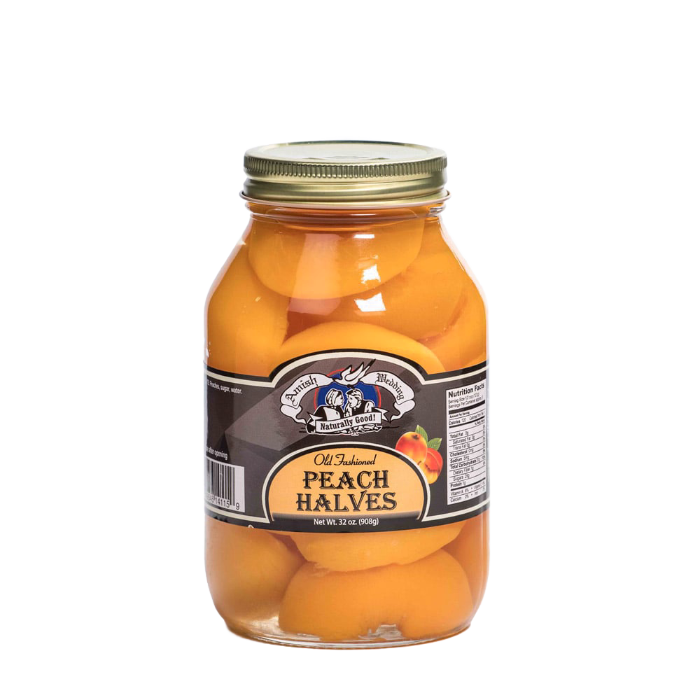 Glass jar of handcrafted old-fashioned peach halves packed in natural syrup, made in USA, ideal for Kitchen & Food, Food, Pantry, USA Made, Best Sellers, Promo Eligible collections.