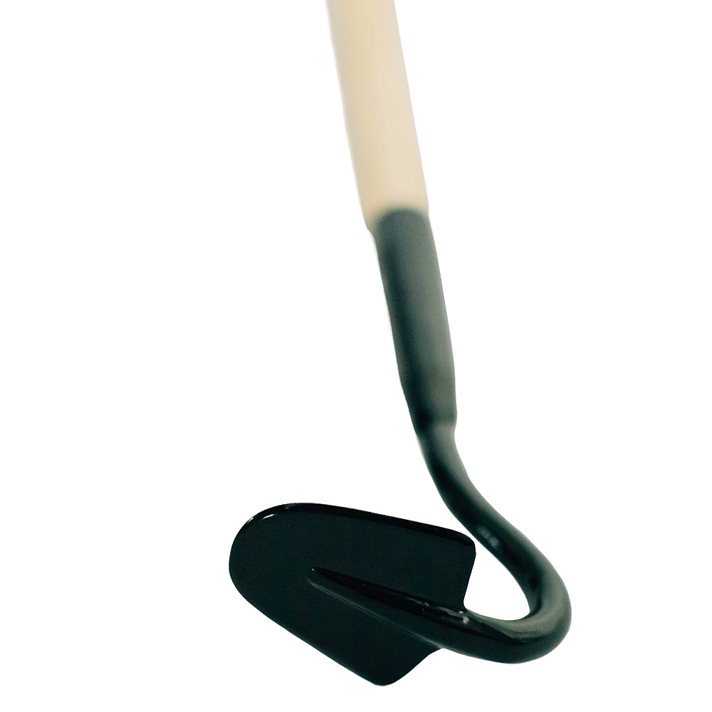 Close-up of a precision cultivating garden tool with a black metal head and light wooden handle, designed for efficient hand weeding and soil care in farm and garden use.