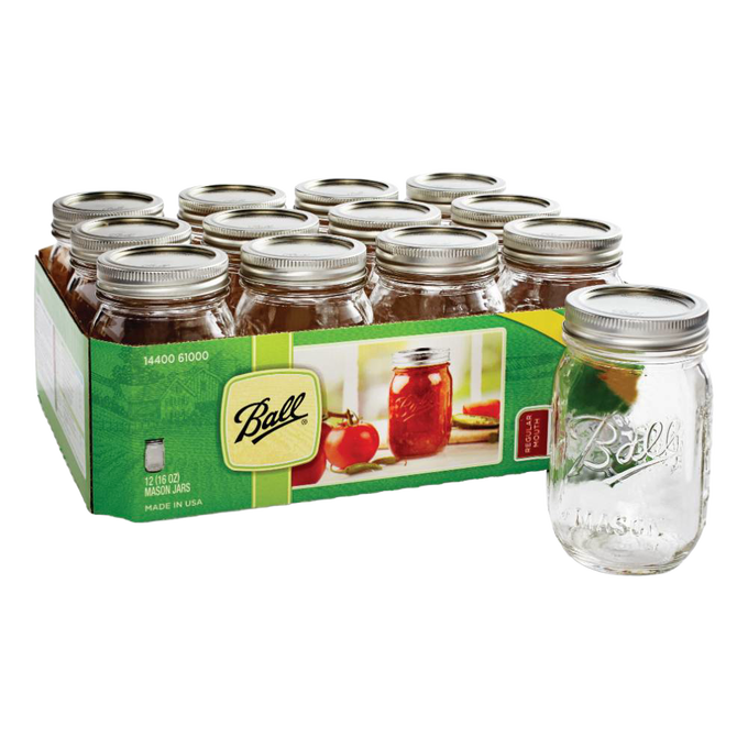 Case of clear regular-mouth canning jars with metal lids, featuring classic embossed logo and packaging highlighting use for food preservation, Kitchen & Food, and USA Made collections.