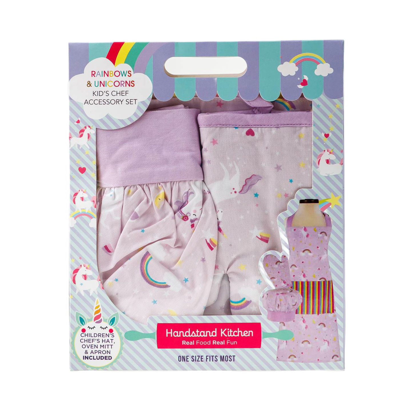 Rainbow and unicorn-themed kids chef set featuring a pastel purple apron, oven mitt, and chef hat in a colorful boxed gift set for Kitchen & Food, Children's Toys, and Arts and Crafts collections.