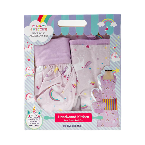 Rainbow and unicorn-themed kids chef set featuring a pastel purple apron, oven mitt, and chef hat in a colorful boxed gift set for Kitchen & Food, Children's Toys, and Arts and Crafts collections.