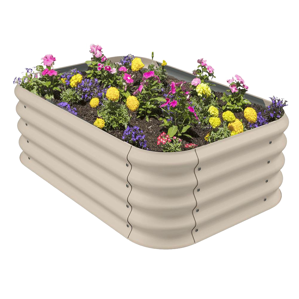Unique handcrafted corrugated steel garden bed in beige featuring vibrant flowers, ideal for vegetables, herbs, and flowers, part of Farm, Garden & Tool, Garden Accessories collections.