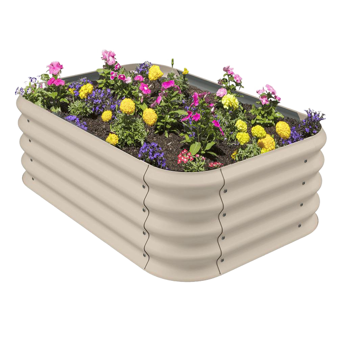 Unique handcrafted corrugated steel garden bed in beige featuring vibrant flowers, ideal for vegetables, herbs, and flowers, part of Farm, Garden & Tool, Garden Accessories collections.