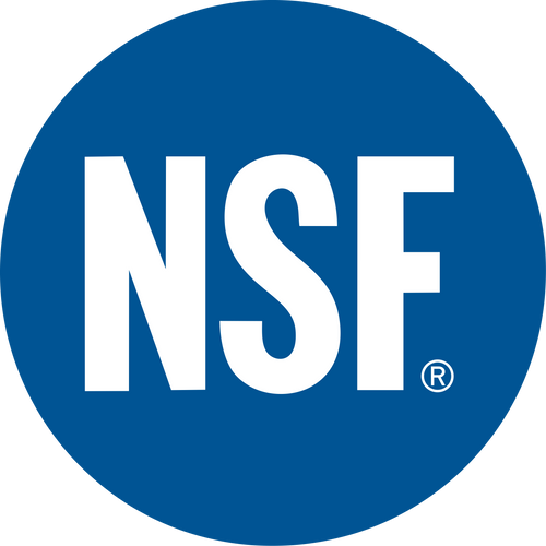 Blue circular NSF certification logo with bold white letters, representing verified standards for quality and safety in water filtration and related appliances collections.