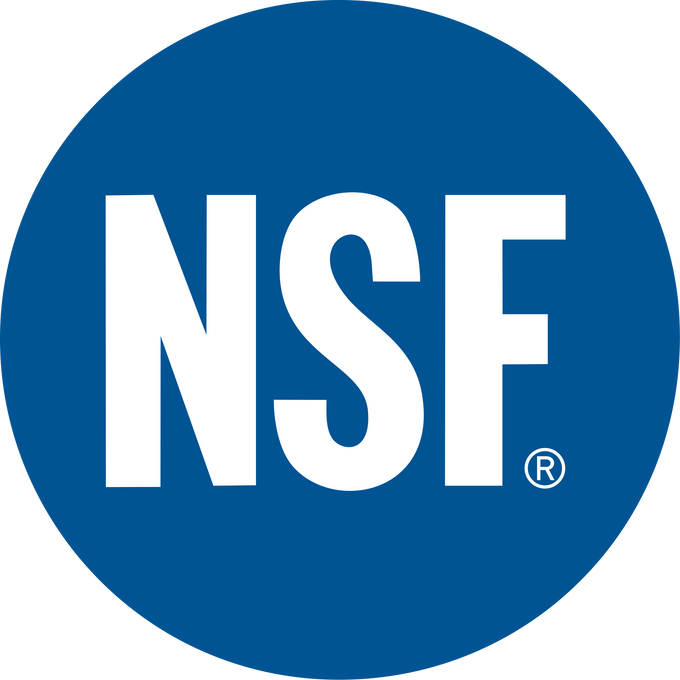 Blue circular NSF certification logo with bold white letters, representing verified standards for quality and safety in water filtration and related appliances collections.