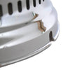 Close-up of a polished chrome brass lamp hood with ventilation slots and mounting screws, designed for durability and airflow in lamps and lighting parts collections.