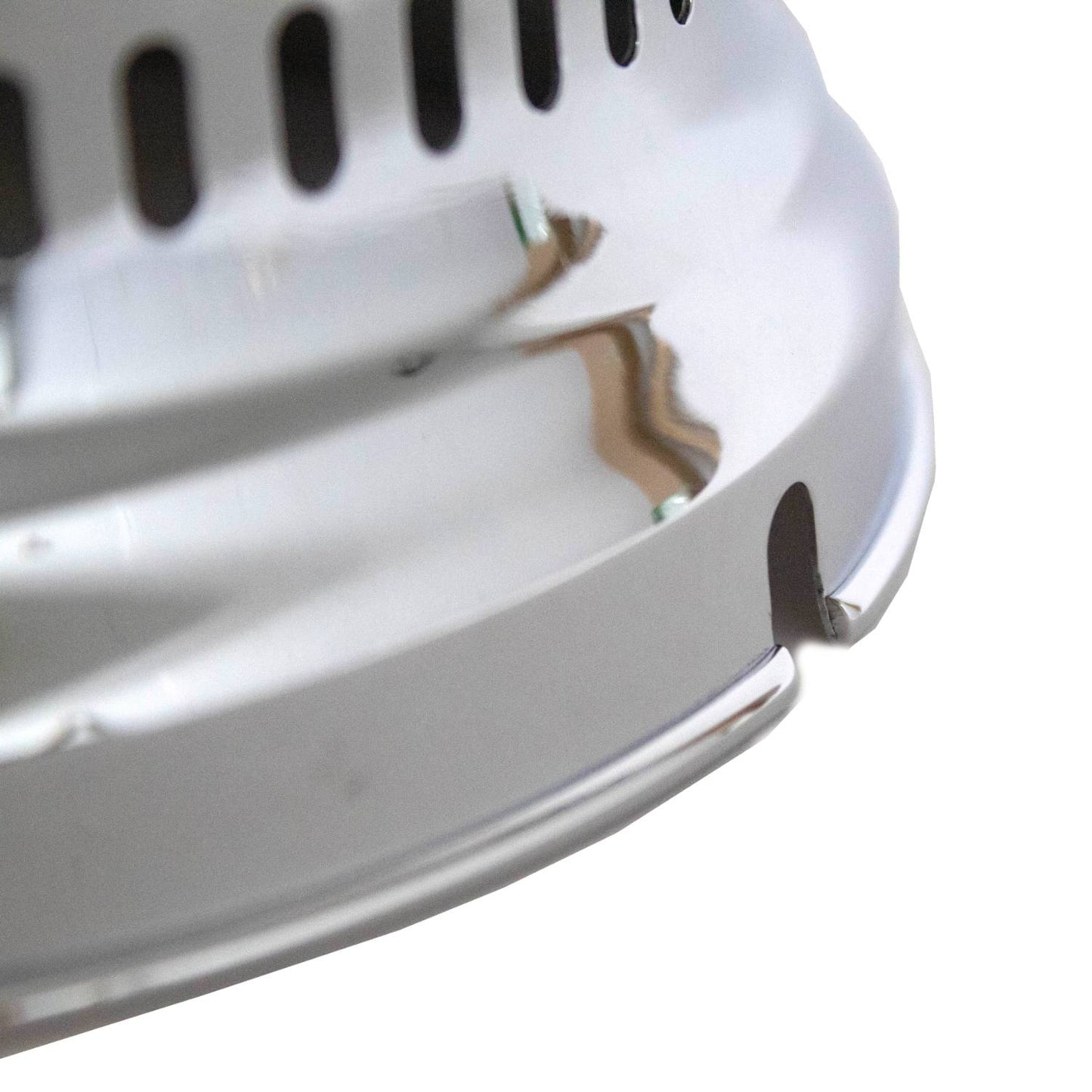 Close-up of a polished chrome brass lamp hood with ventilation slots and mounting screws, designed for durability and airflow in lamps and lighting parts collections.