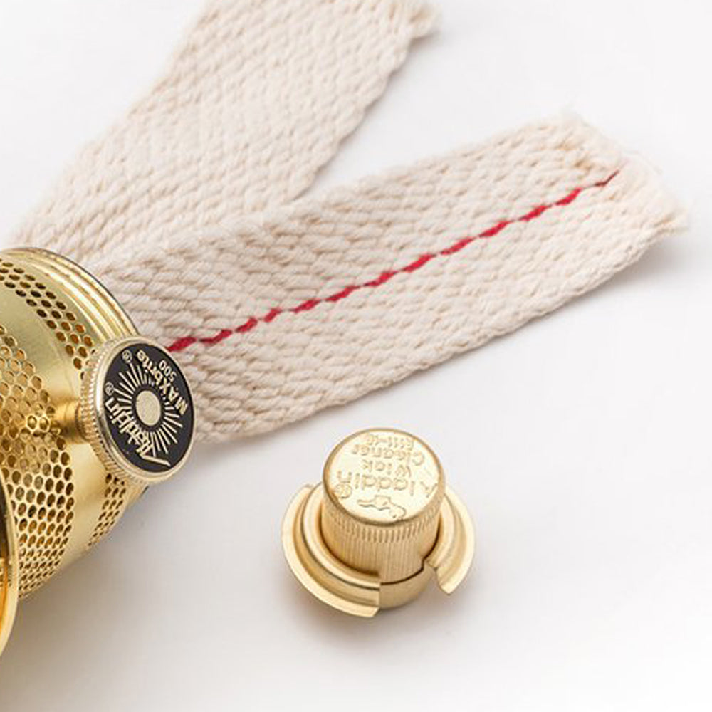 Polished brass lamp burner with woven cotton wick featuring a brass adjustment knob and a removable brass collar, included in Lamps & Lighting, Parts and Accessories, Lamp Burners and Collars, Best Sellers, Promo Eligible collections.