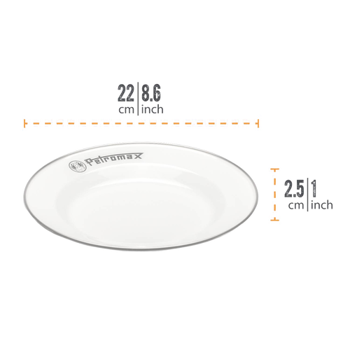 Lightweight and sturdy white enamel camping plate with durable fired surface and subtle logo, ideal for outdoor dining in Farm, Garden & Tool, Kitchen & Food, Camping, Dinnerware, Best Sellers, and Promo Eligible collections.