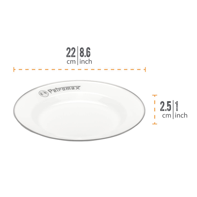 Lightweight and sturdy white enamel camping plate with durable fired surface and subtle logo, ideal for outdoor dining in Farm, Garden & Tool, Kitchen & Food, Camping, Dinnerware, Best Sellers, and Promo Eligible collections.