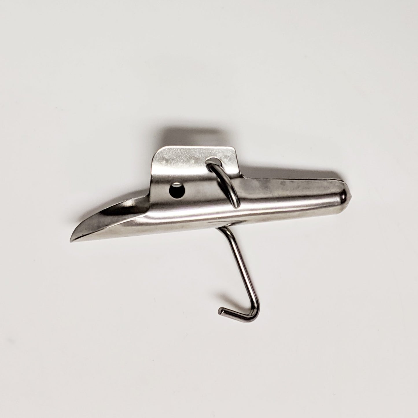 Heavy-duty stainless steel spout with hooked hanger designed for hanging buckets during tree tapping, built for repeated use in Farm, Garden & Tool, Orchard and Grove, Maple Syrup Sugaring Supplies collections.