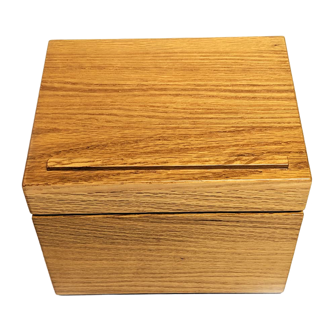 Handcrafted solid oak recipe box with smooth protective finish and recessed hinges, designed for Kitchen & Food, Cookware, Baking Supplies, and USA Made collections.
