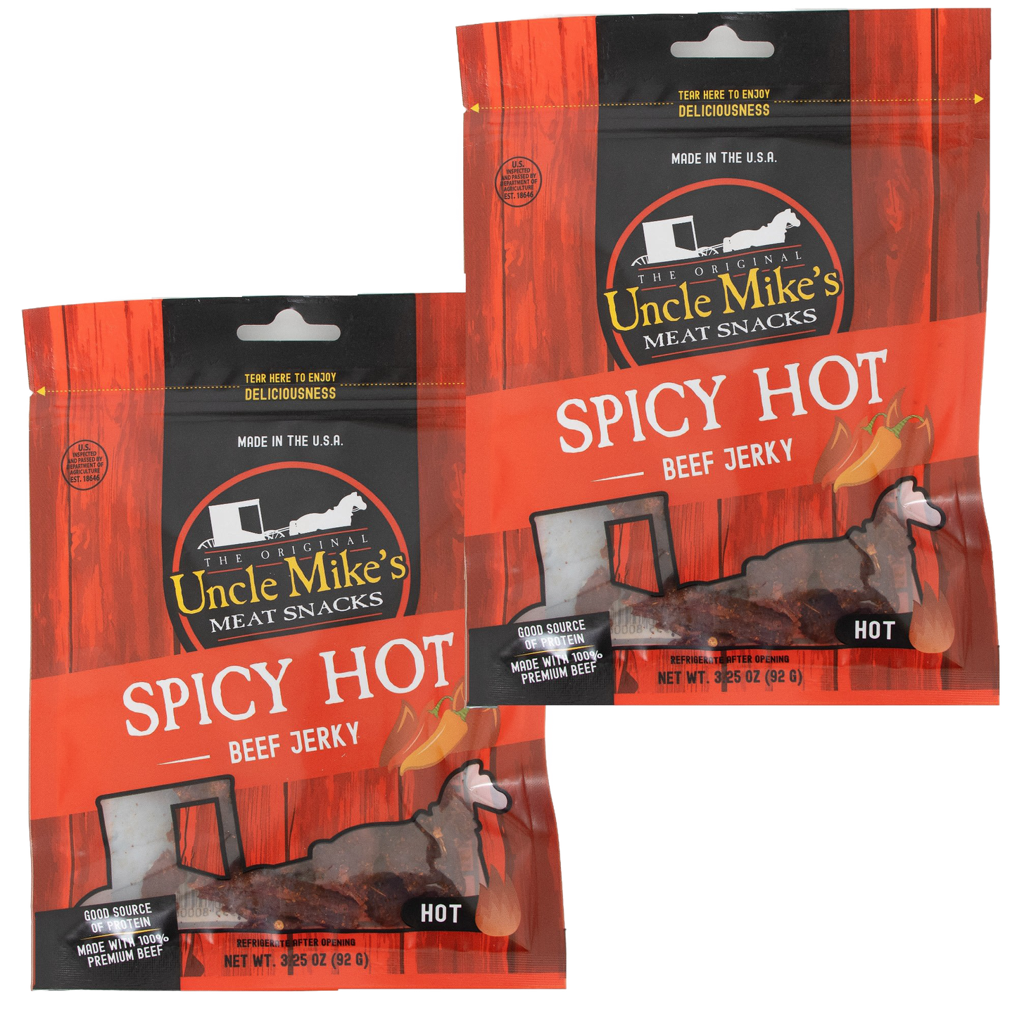 Two bags of spicy hot beef jerky in resealable orange and black packaging featuring a clear window, highlighting a handcrafted, high-protein snack made in USA for Kitchen & Food, Meats, and Best Sellers collections.