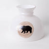Handcrafted glass lamp shade featuring a smooth white finish with a black bear silhouette centered inside a concentric wood grain circle, part of Lamps & Lighting, Parts and Accessories, Lamp Shades, Best Sellers, and Promo Eligible collections.