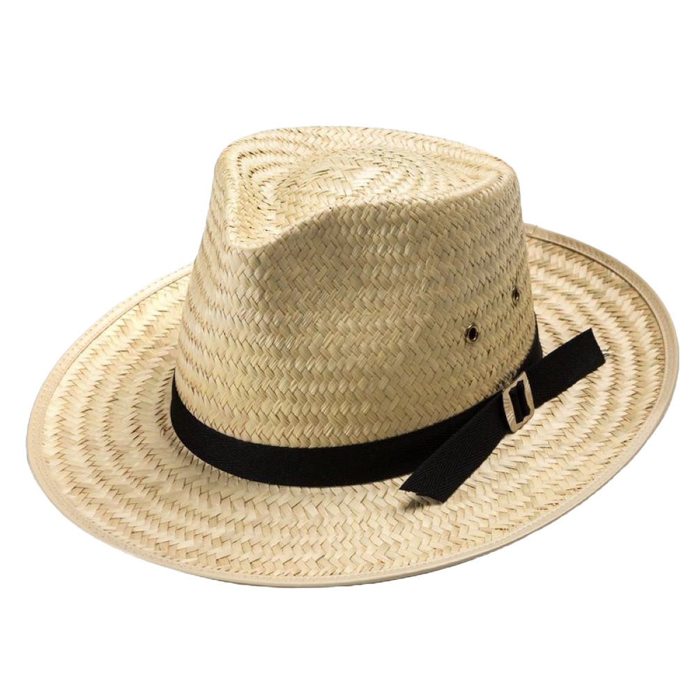 Handcrafted sunset straw hat with a pinched front and 3-inch brim, featuring a classic black band and leather-like sweatband, Amish made in the USA, perfect for Health & Wellness and Clothing collections.