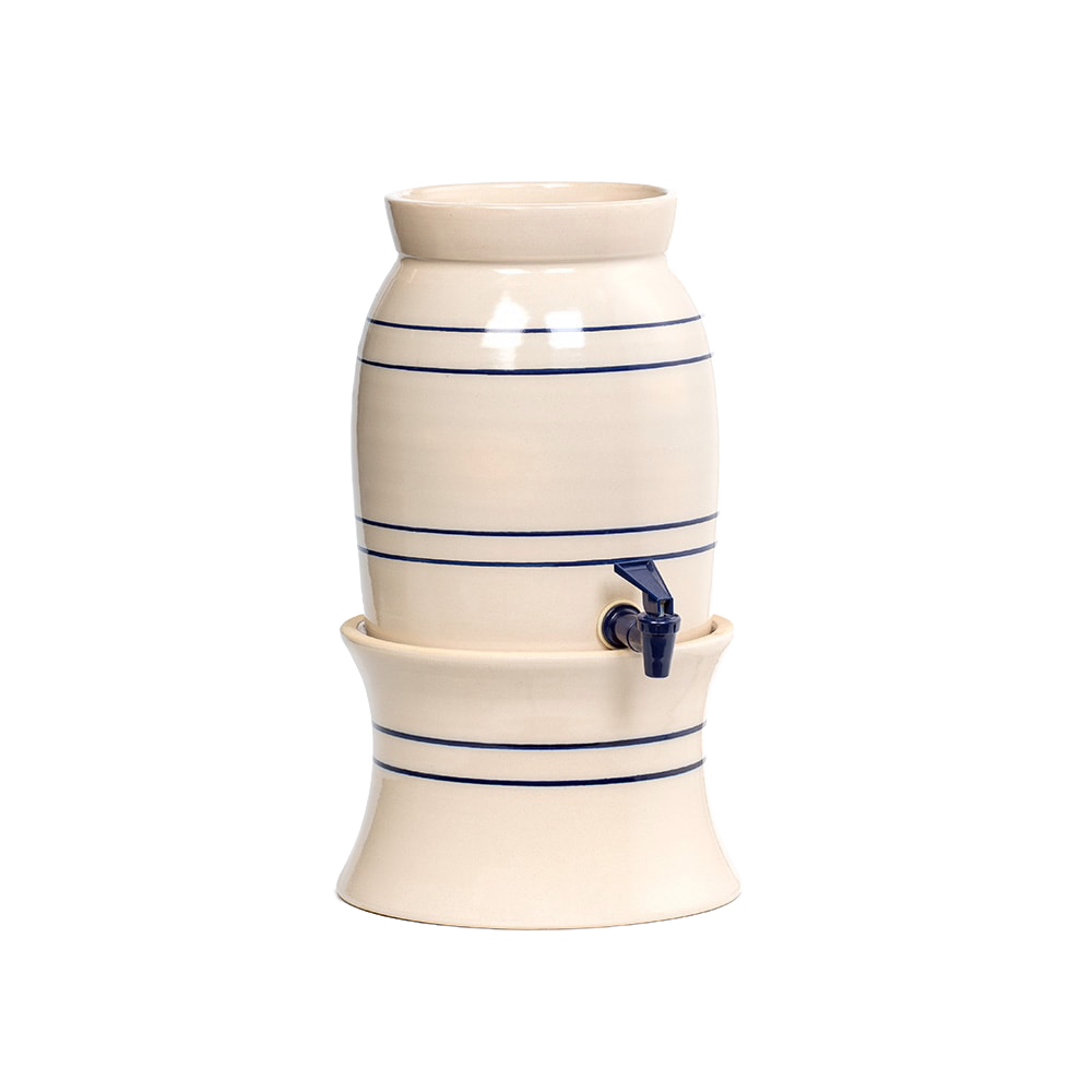 Handcrafted stoneware water cooler with classic blue stripe design and spigot, made in USA, ideal for Kitchen & Food, Storage and Serving, Best Sellers, and Promo Eligible collections.