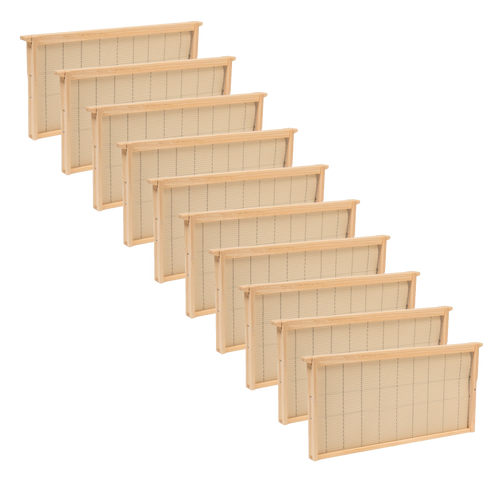 Set of handcrafted deep wooden bee frames with wired natural beeswax foundation, Amish made in USA, suitable for various hive configurations in farm and garden beekeeping supplies.