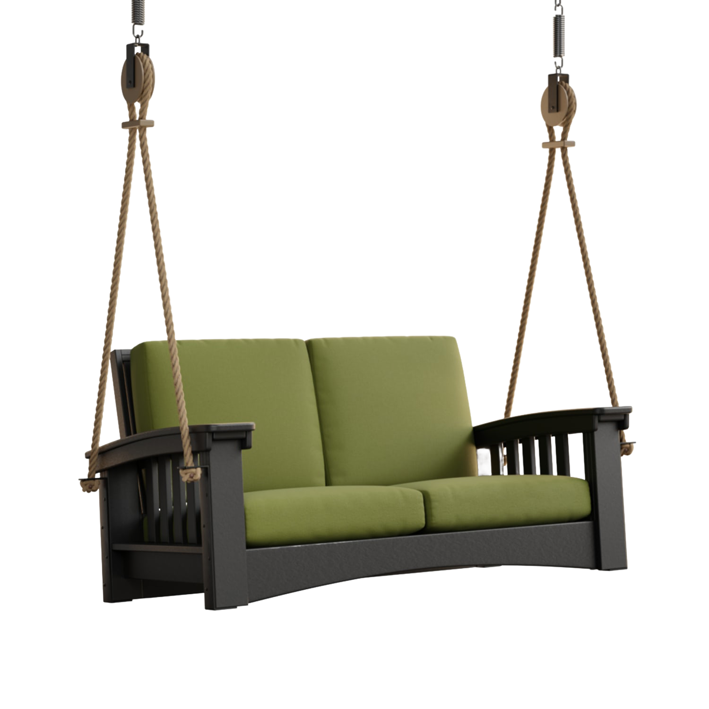 Handcrafted Amish made 6 ft porch swing with durable black painted cypress frame, suspended by thick rope, featuring soft green cushions, part of Home & Decor, Outdoor Furniture, USA Made, Amish Made, Best Sellers, and Promo Eligible collections.