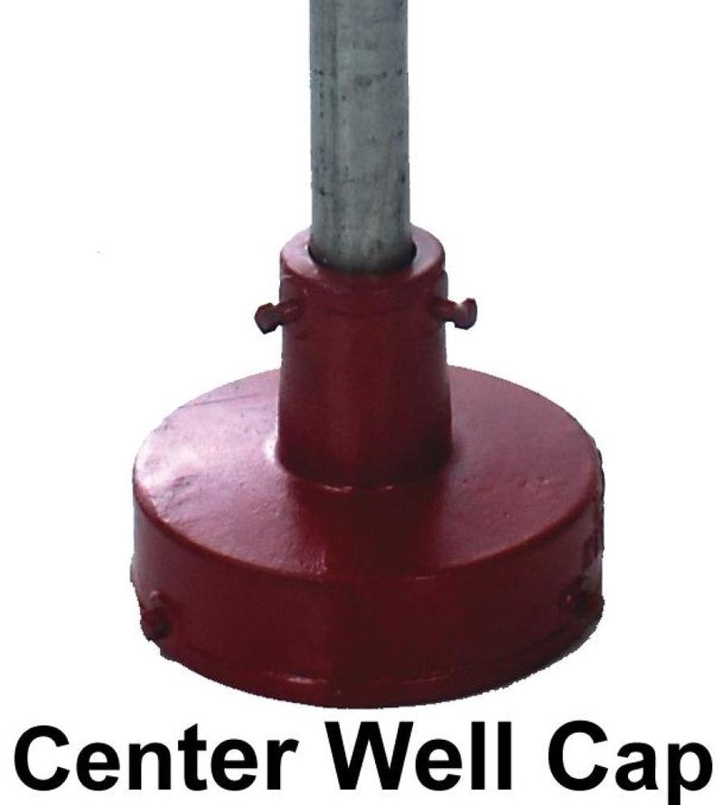 Handcrafted red cast iron center well cap with metal pipe attachment, designed for durable use in USA Made deep well pumps, water pumps, and appliance collections.