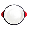 Lehman’s handcrafted cast iron pie pan with decorative crimped edges and red handles, designed for even heating and durability, featured in Kitchen & Food, Cookware, Cast Iron, Baking Supplies, Best Sellers, and Promo Eligible collections.