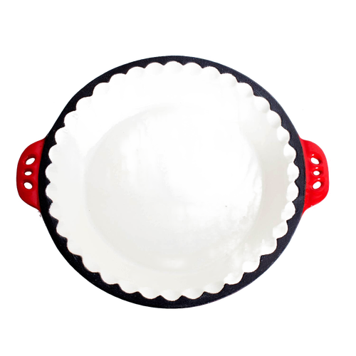 Lehman’s handcrafted cast iron pie pan with decorative crimped edges and red handles, designed for even heating and durability, featured in Kitchen & Food, Cookware, Cast Iron, Baking Supplies, Best Sellers, and Promo Eligible collections.