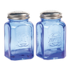 Set of two retro-inspired blue glass shakers with stainless steel lids, embossed with salt and pepper labels, ideal for Kitchen & Food, Dinnerware, Best Sellers, and Promo Eligible collections.