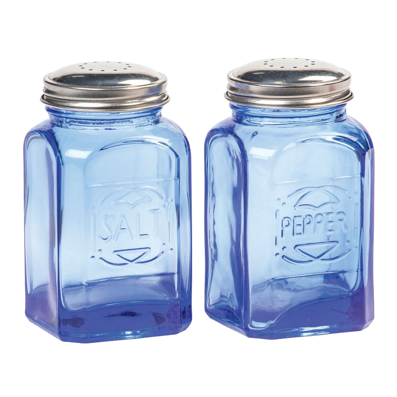Set of two retro-inspired blue glass shakers with stainless steel lids, embossed with salt and pepper labels, ideal for Kitchen & Food, Dinnerware, Best Sellers, and Promo Eligible collections.