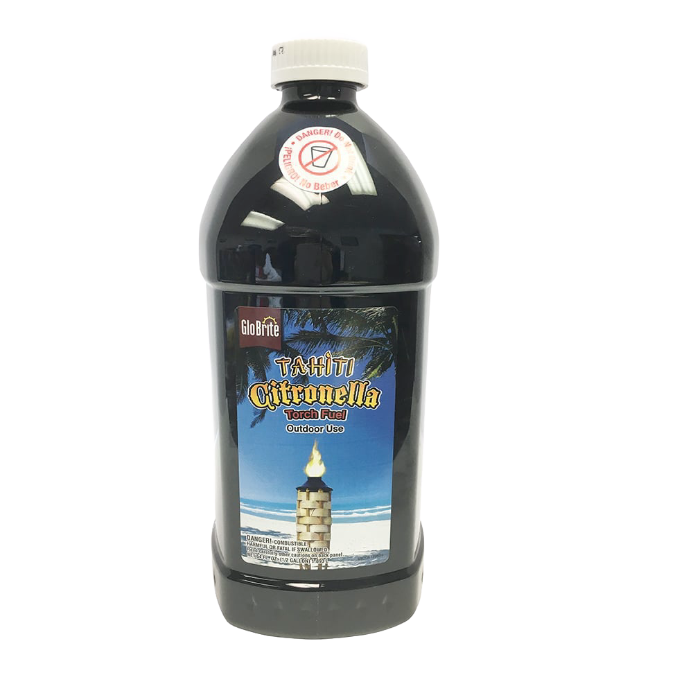 Black plastic bottle of citronella torch fuel with tropical beach label design, suitable for outdoor use in pest control, camping, farm, garden, and emergency lighting collections.