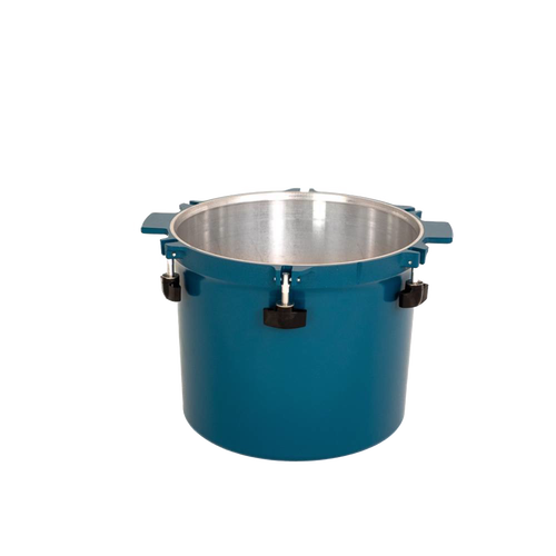 Blue 21.5-quart pressure canner pot with sturdy handles and secure metal locking clamps, designed for reliable food preservation in Kitchen & Food, Canning, and USA Made collections.