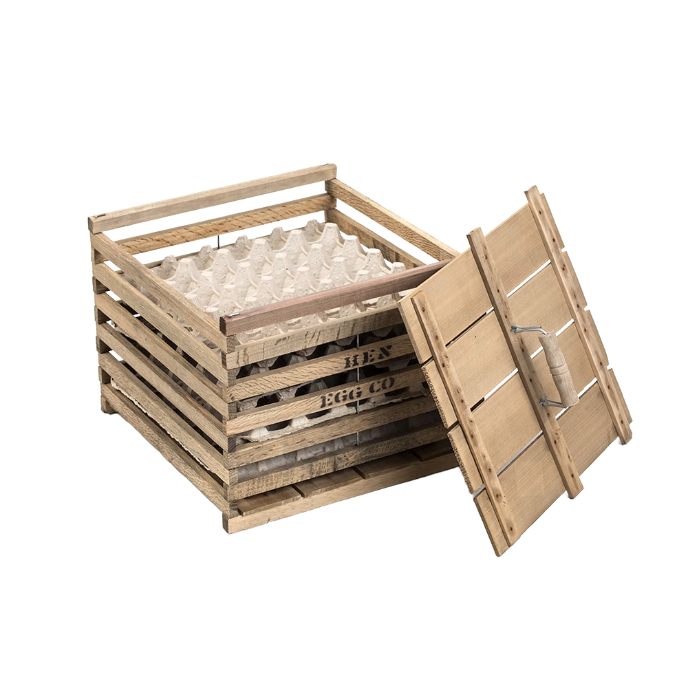 Handcrafted wooden egg crate with a slatted design and removable lid, ideal for safely carrying eggs on the farm or as a rustic barn accessory in animal care and chicken collections.