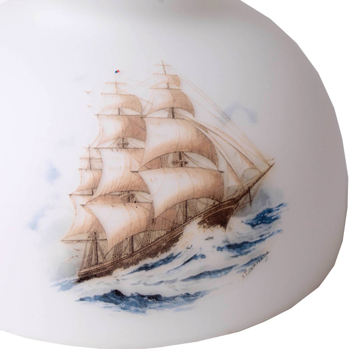 Hand molded glass lamp shade featuring a detailed sailing ship design with soft sea tones, crafted for Lamps & Lighting, Parts and Accessories, Lamp Shades, and Best Sellers collections.