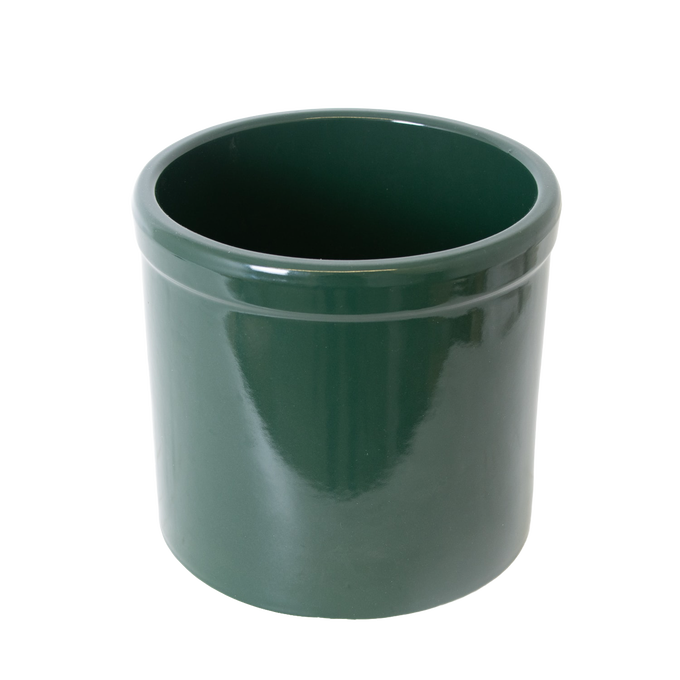 Deep green stoneware crock with a smooth, lead-free food-safe glaze, handcrafted in USA for kitchen use, fermenting, and food preservation, featured in Kitchen & Food, Food Preservation, and USA Made collections.