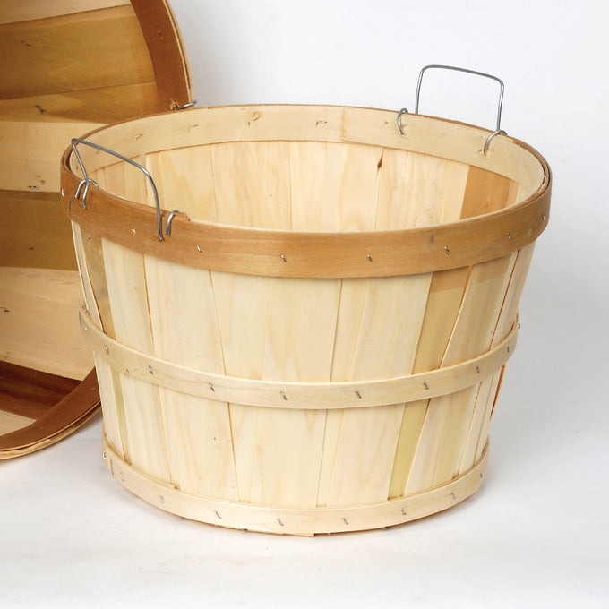 Handcrafted old-time poplar wood half bushel basket with metal wire handles, perfect for Farm, Garden & Tool, Garden Accessories, USA Made, Best Sellers, and Promo Eligible collections.