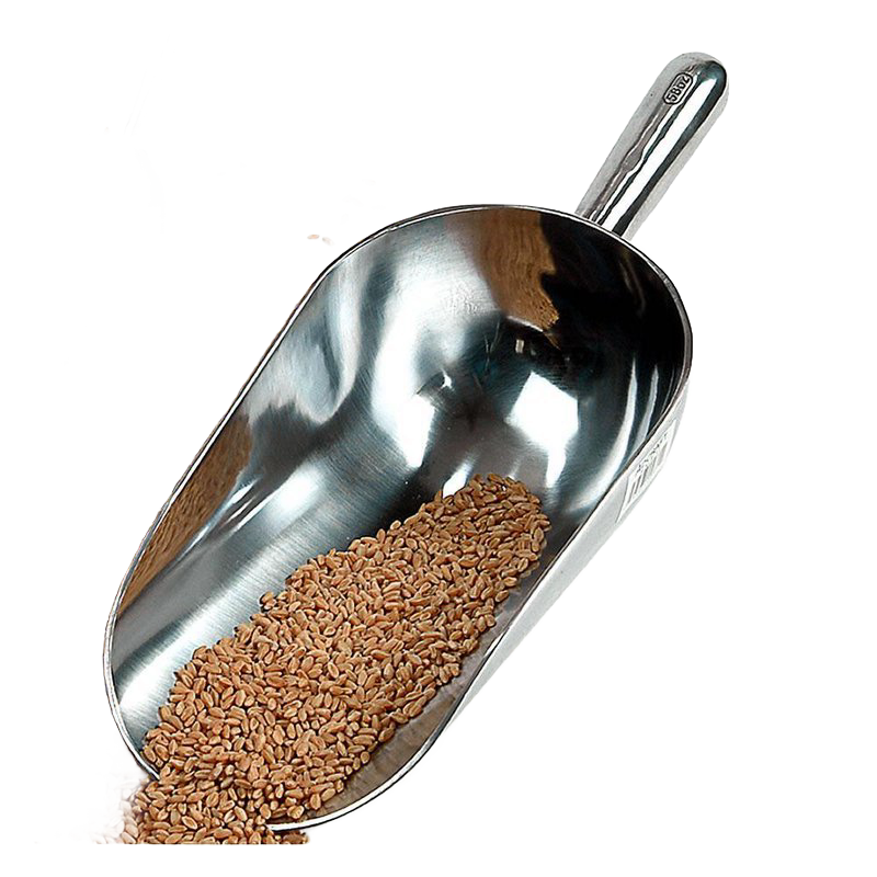 Heavy-duty cast aluminum grain scoop with smooth buffed surface and ergonomic grip, partially filled with grain, ideal for Farm, Garden & Tool, Farm Tools, Best Sellers, and Promo Eligible collections.