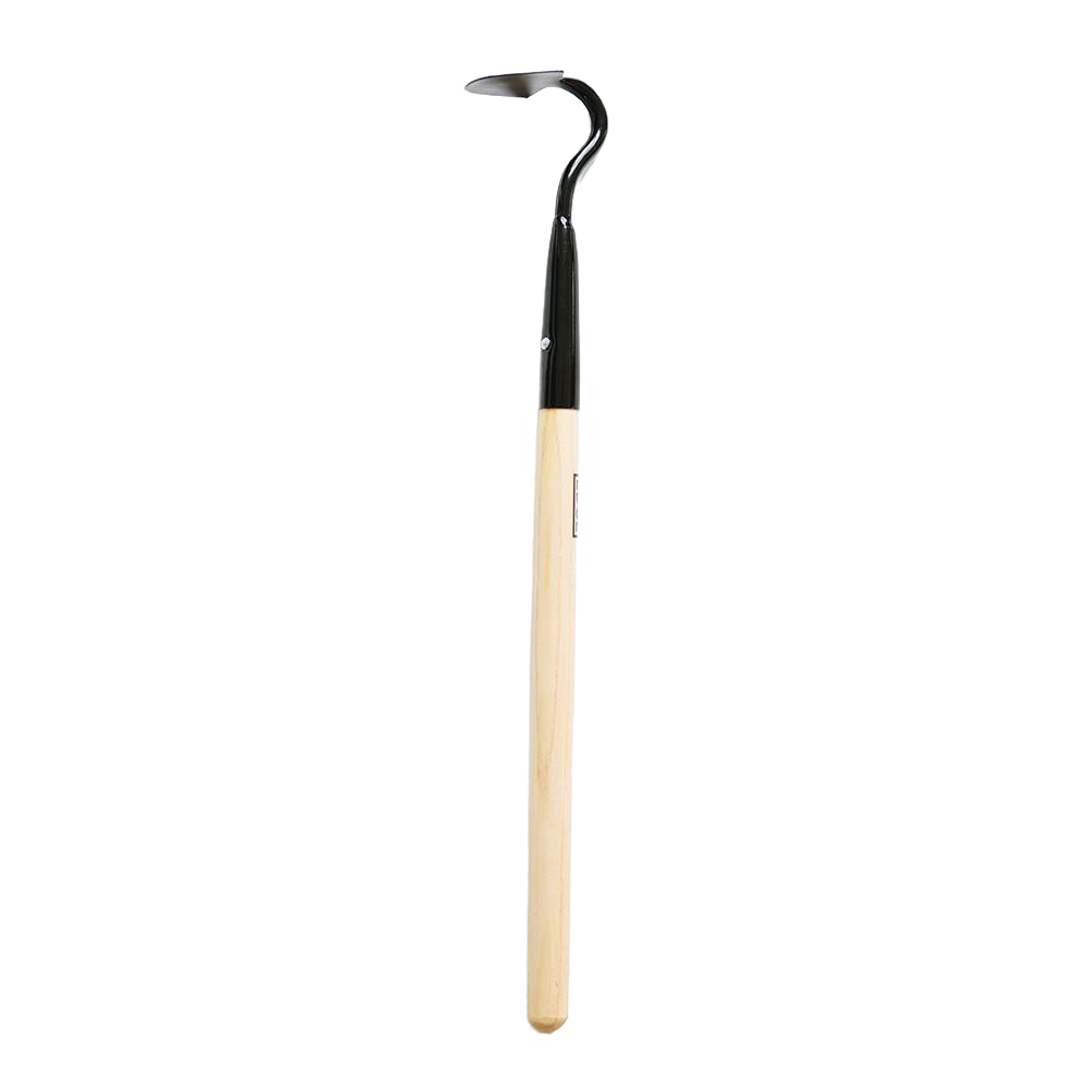 Handcrafted cultivating tool with a natural wooden handle and black curved metal head, designed for precise digging and weeding in farm, garden, and digging collections.