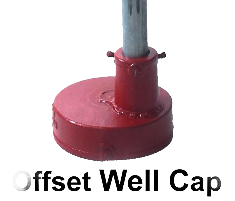 Handcrafted red cast iron well cap with galvanized pipe attachment, built for durable use in USA made water pumps, deep well pumps, yards, and appliance collections.
