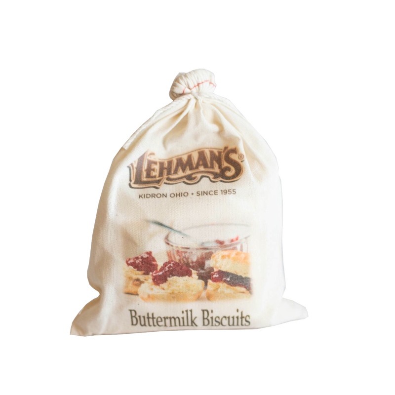 Handcrafted natural cotton bag containing Lehman's exclusive buttermilk biscuit mix with vintage logo and image of classic biscuits, ideal for Kitchen & Food, Pantry, Dry Goods and Best Sellers collections.