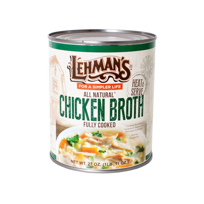 27 oz can of Lehman's all natural, fully cooked chicken broth featuring illustrated farm scenes and soup imagery, ideal for Farm, Garden & Tool, Kitchen & Food, and Emergency Supplies collections.