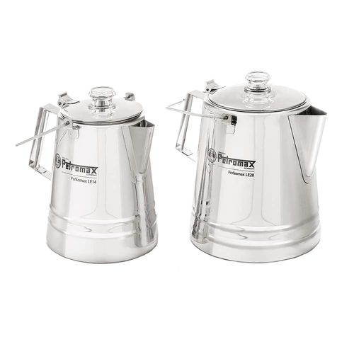 Two polished stainless steel percolators with clear glass lids and angular handles, designed for gentle coffee and tea brewing, suitable for Camping, Kitchen & Food, and Farm, Garden & Tool collections.