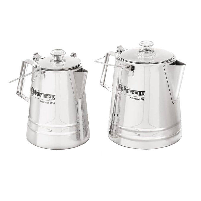 Two polished stainless steel percolators with clear glass lids and angular handles, designed for gentle coffee and tea brewing, suitable for Camping, Kitchen & Food, and Farm, Garden & Tool collections.