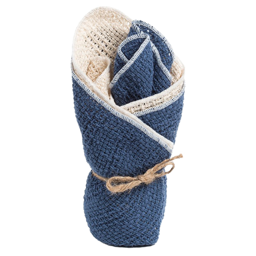 Set of textured cotton dishcloths in navy blue and natural cream tones, tied with a rustic twine bow, perfect for Kitchen & Food, Kitchen Textiles, USA Made, and Best Sellers collections.