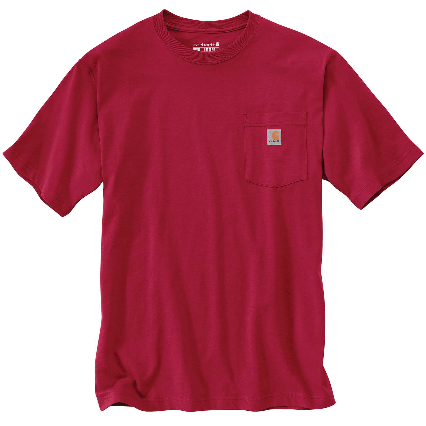 Handcrafted heavyweight cotton short-sleeve tee in rich red with rib-knit crewneck and chest pocket featuring stitched logo patch, ideal for Health & Wellness, Clothing and Accessories, Best Sellers, and Promo Eligible collections.