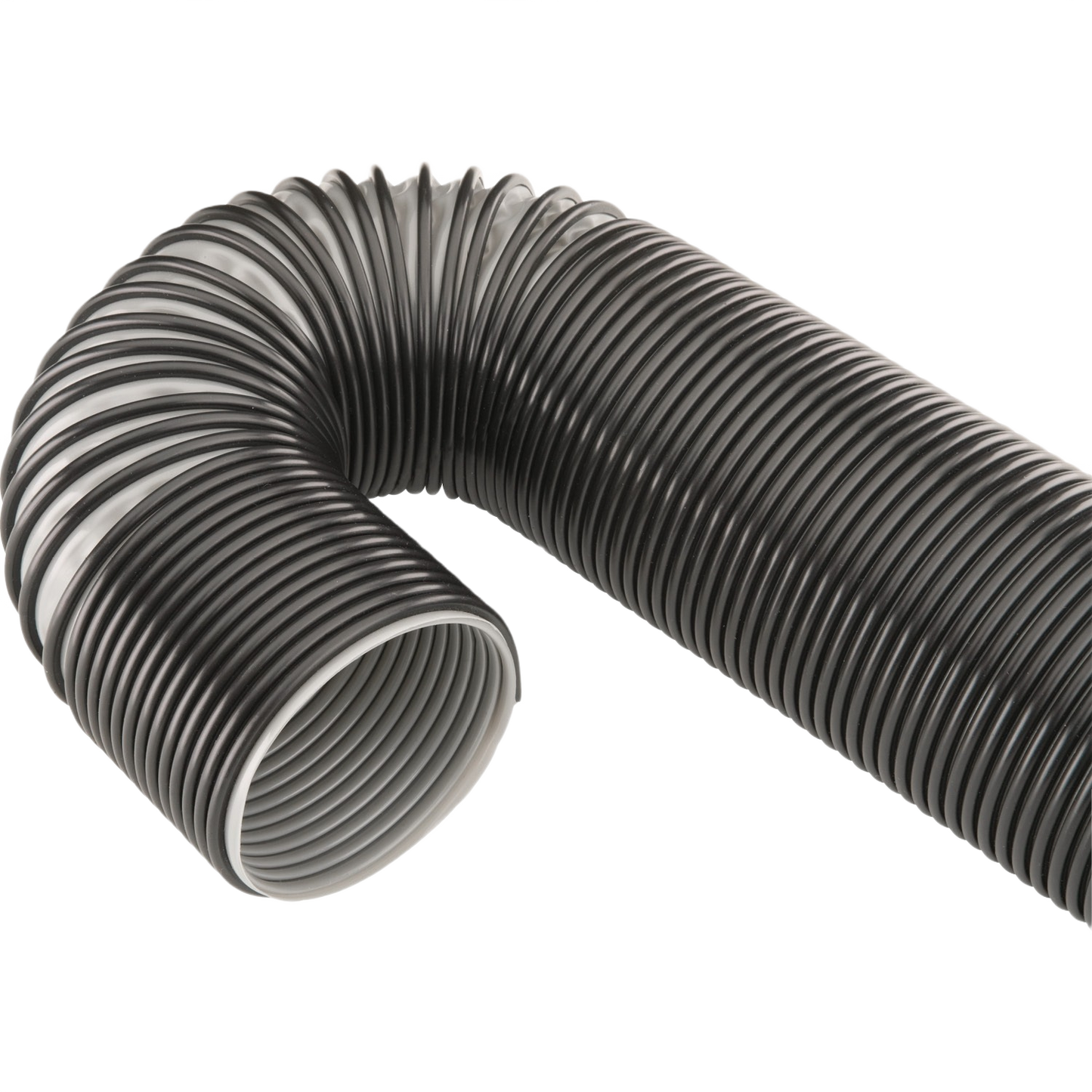 Flexible black corrugated plastic hose bent at a right angle, designed for durable outdoor or industrial use.
