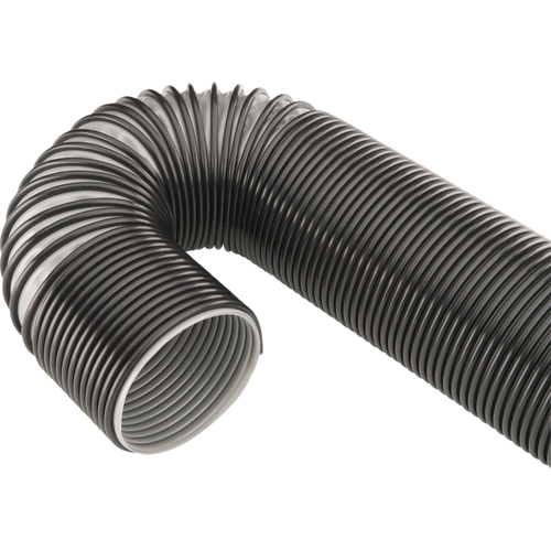 Flexible black corrugated plastic hose bent at a right angle, designed for durable outdoor or industrial use.